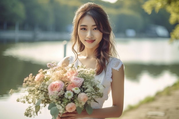 Une femme tenant un bouquet de fleurs devant un lac