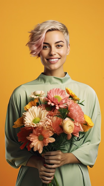 Femme tenant un bouquet de fleurs, fleuriste chauve