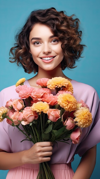 Femme tenant un bouquet de fleurs fleuriste cheveux bouclés courts