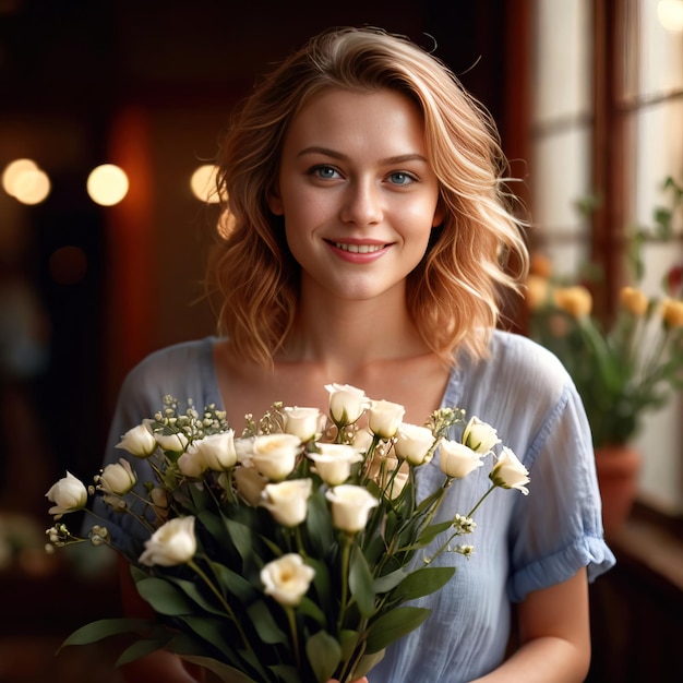 Une femme tenant un bouquet de fleurs pour partager un geste d'amour romantique pour la Saint-Valentin