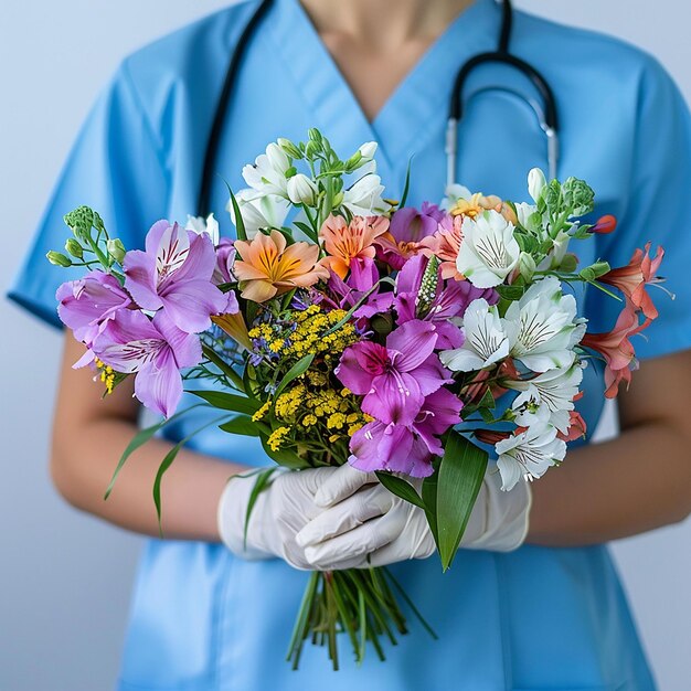 Photo une femme tenant un bouquet de fleurs avec un stéthoscope sur son bras