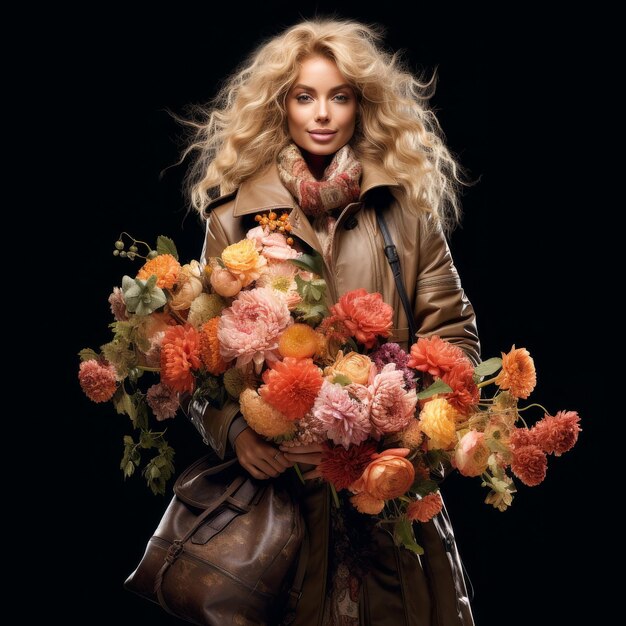 Une femme tenant un bouquet de fleurs