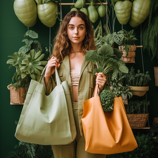 Une femme tenant un bouquet de légumes et un fond vert avec une pancarte qui dit "plantes en pot".