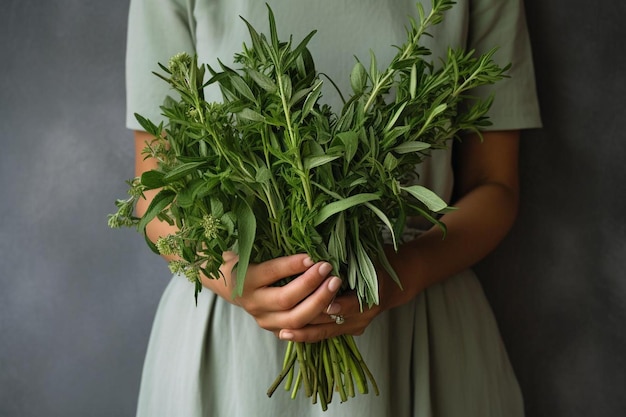 une femme tenant un bouquet de romarin sauvage