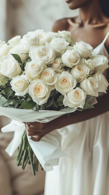 Une femme tenant un bouquet de roses blanches