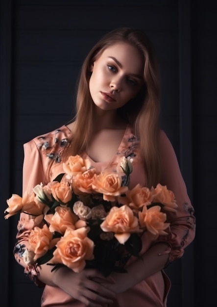 Une femme tenant un bouquet de roses devant un mur noir.