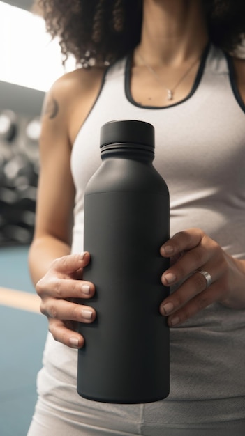 Une femme tenant une bouteille d'eau dans une salle de sport image générative ai