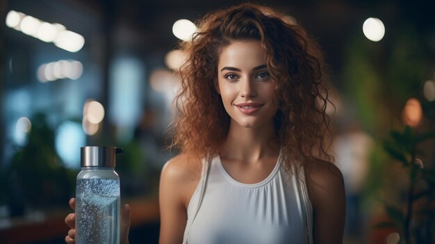 Une femme tenant une bouteille d'eau