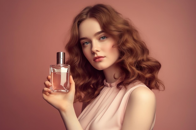 Femme tenant une bouteille de parfum avec un fond rose