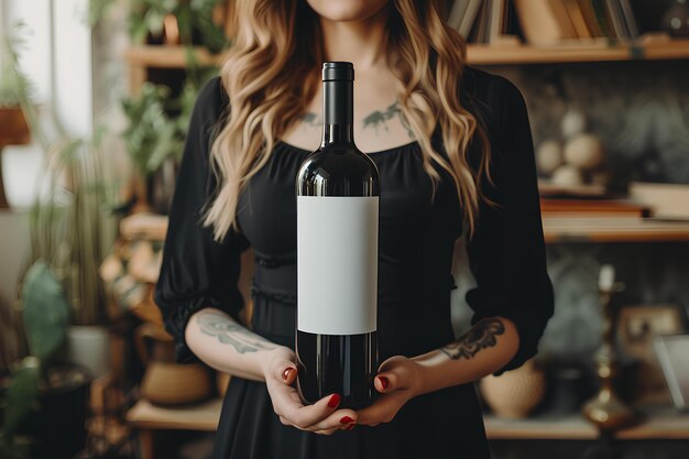 Photo une femme tenant une bouteille de vin.