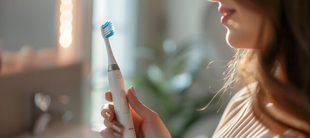 Une femme tenant une brosse à dents électrique