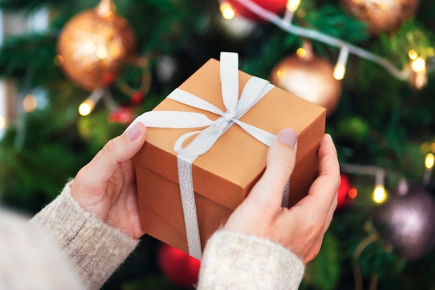 Femme tenant un cadeau brun près d'un arbre de Noël