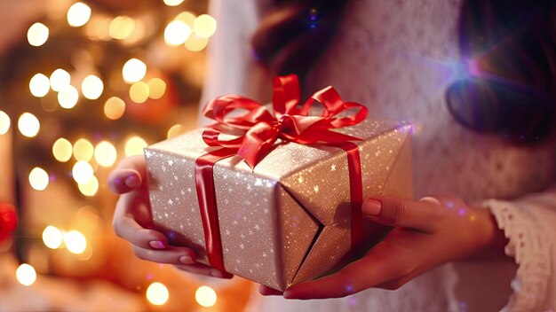 Photo une femme tenant un cadeau de noël a désactivé les lumières de noël en arrière-plan