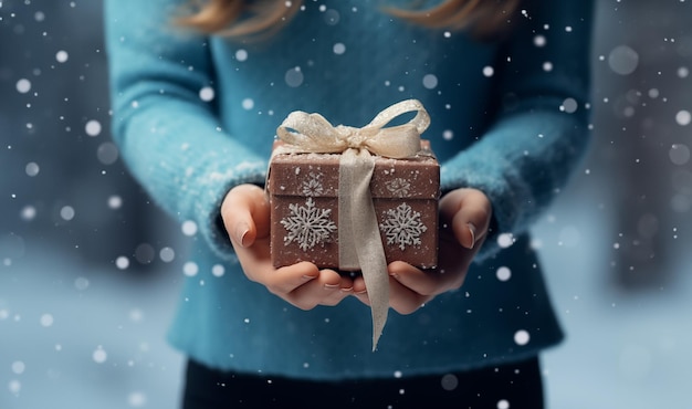 une femme tenant un cadeau de Noël