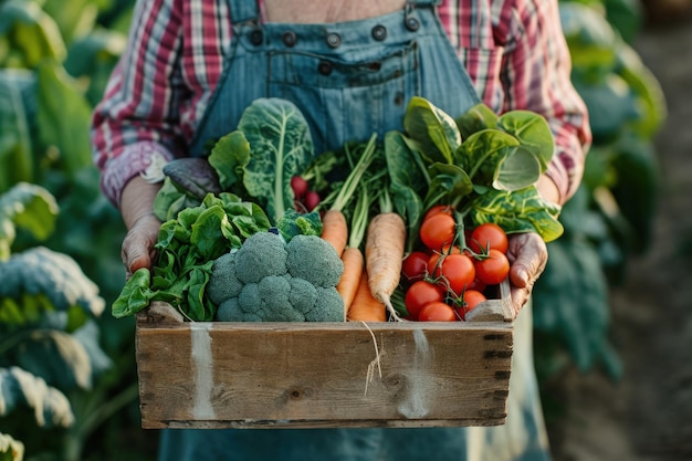 Femme tenant une caisse de légumes