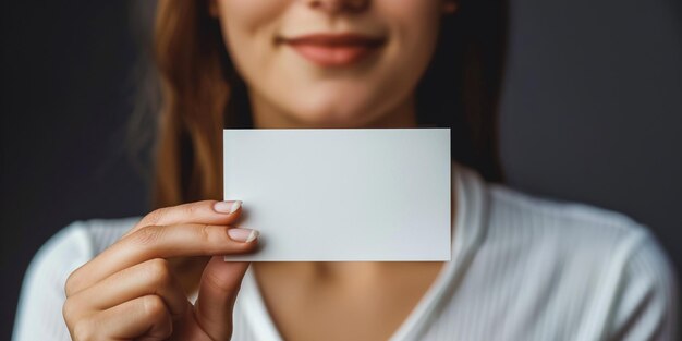 Une femme tenant une carte de visite blanche pour une maquette