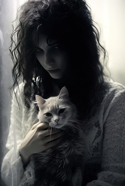 une femme tenant un chat et un chat blanc