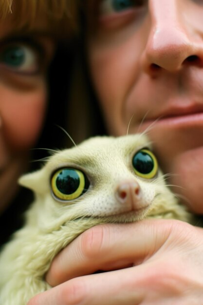 une femme tenant un chat à l'œil jaune et une femme portant un chat.