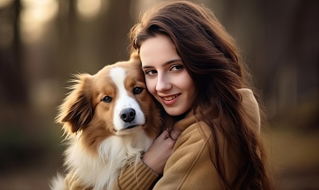 Une femme tenant un chien brun et blanc dans ses bras