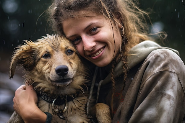 Une femme tenant un chien sous la pluie