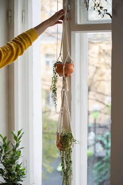 Femme tenant un cintre en macramé de coton fait à la main suspendu à la fenêtre dans le salon