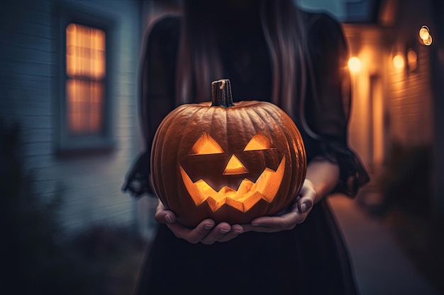 Femme tenant une citrouille d'halloween IA générative