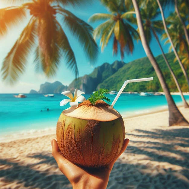 Femme tenant un cocktail de noix de coco sur une plage tropicale Concept de voyage et de vacances