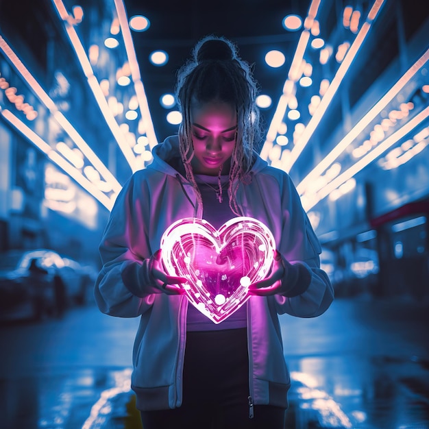 Photo une femme tenant un cœur brillant