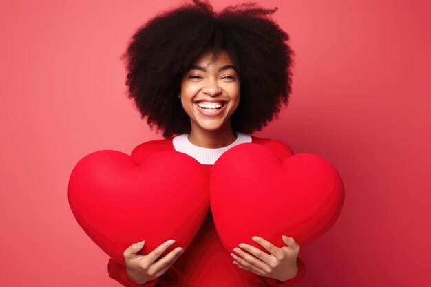 une femme tenant un cœur rouge devant le concept de la journée de la Saint-Valentin