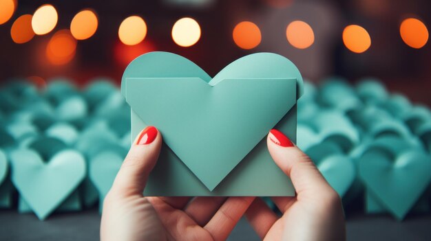 Une femme tenant un cœur vert devant de nombreux cœurs de papier ai