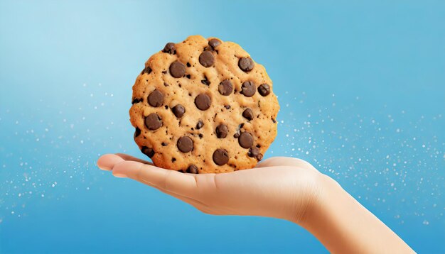 Une femme tenant un cookie savoureux avec des chips de chocolat sur fond bleu