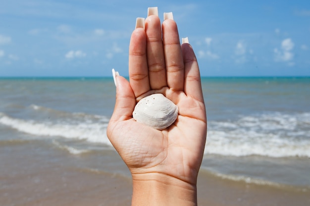 Femme tenant une coquille à la main avec l'océan en arrière-plan. plage