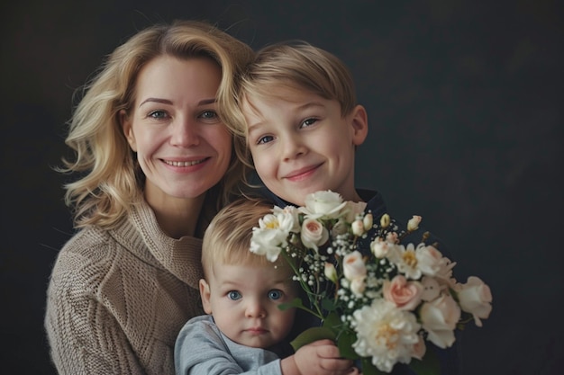 une femme tenant deux enfants et un bouquet de fleurs