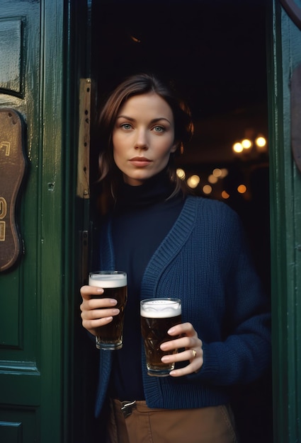 Une femme tenant deux verres de bière dans l'embrasure d'une porte.