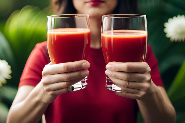Photo une femme tenant deux verres de jus de tomate.