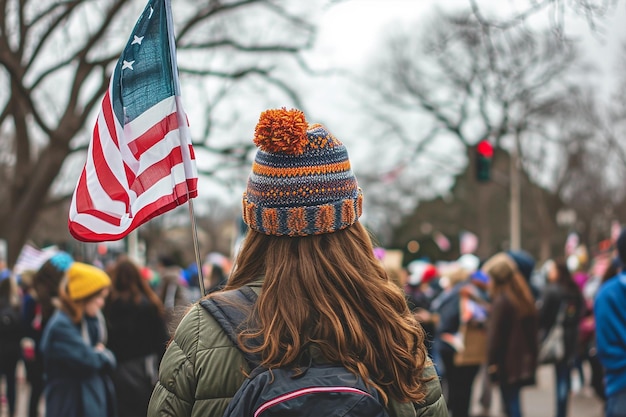 Femme tenant le drapeau américain lors d'un rassemblement politique