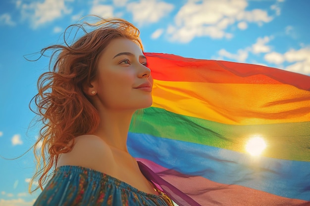 Une femme tenant un drapeau arc-en-ciel coloré
