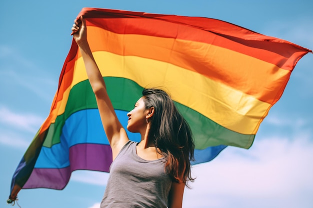 Une femme tenant un drapeau arc-en-ciel dans l'air