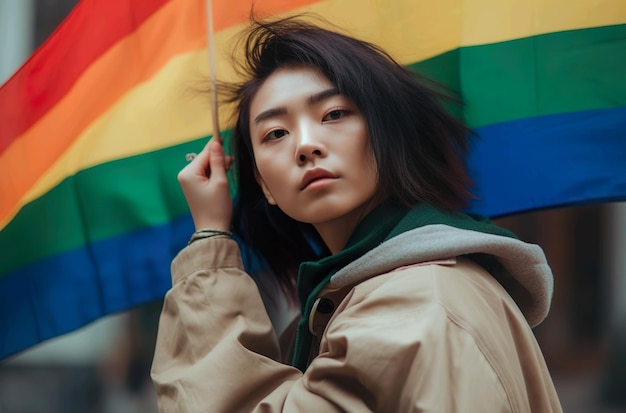 Une femme tenant un drapeau arc-en-ciel