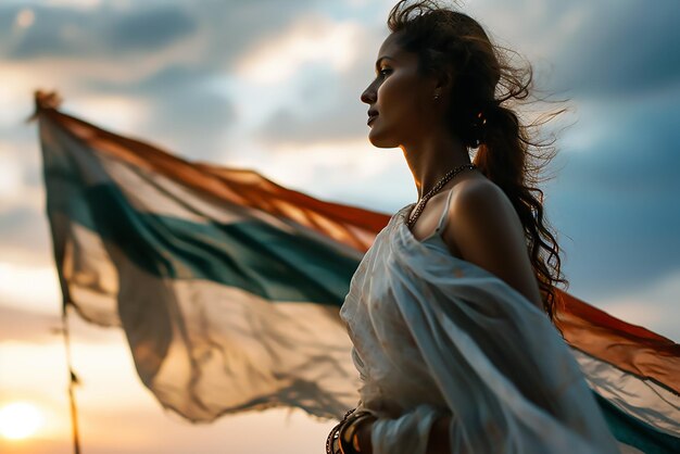 Photo femme tenant le drapeau indien agitant dans le ciel jour de l'indépendance jour de la république
