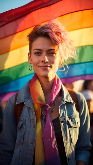 Photo une femme tenant un drapeau lgbt de près