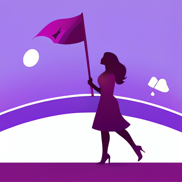 Une femme tenant un drapeau violet Jour de la femme Droits de la femme