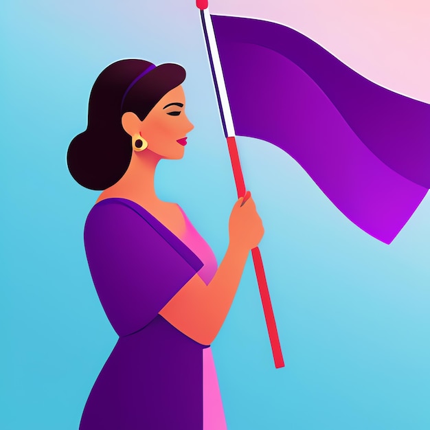 Une femme tenant un drapeau violet Jour de la femme Progrès de la femme