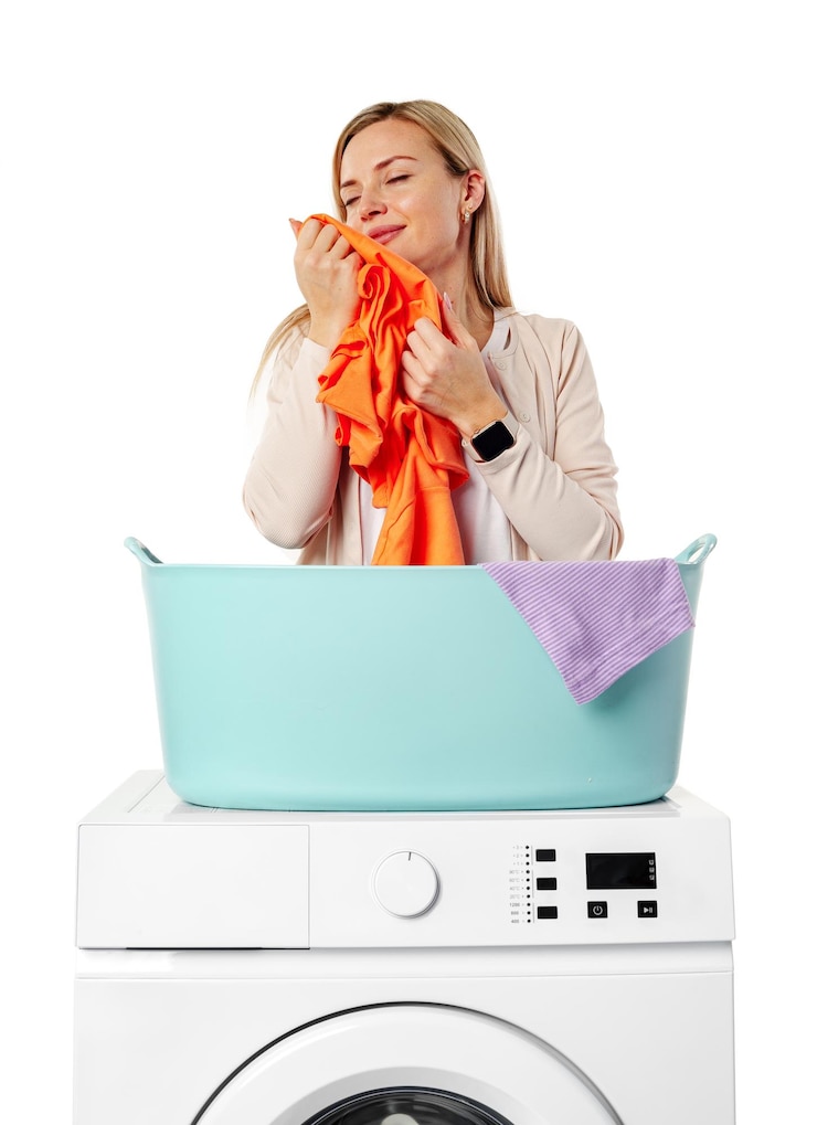 Photo femme tenant du linge blanc sur une machine à laver sur fond blanc