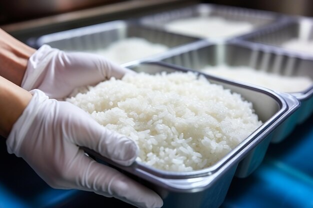 Photo femme tenant du riz dans un plateau en plastique prix du riz blanc moulu cru sur le marché mondial