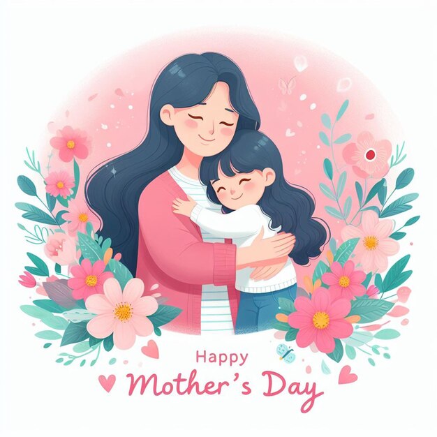 Photo une femme tenant un enfant avec des fleurs sur son cou et un fond rose avec les mots mères heureuses