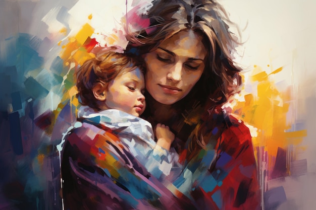 Une femme tenant un enfant peint
