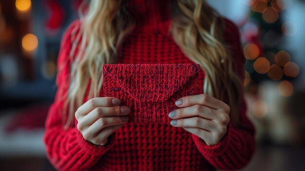 Une femme tenant une enveloppe rouge