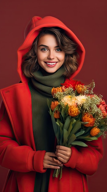 Femme tenant un fleuriste de bouquet de fleurs en hiver