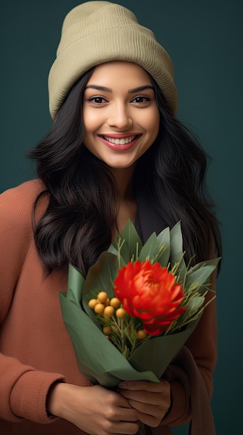 Femme tenant un fleuriste de bouquet de fleurs en hiver